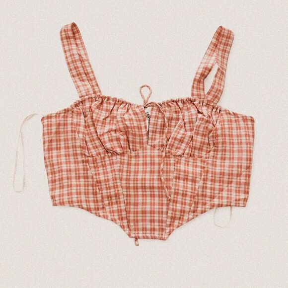 Red Pink Plaid Bow Corset Top – Coquette Girly Prep Aesthetic (Size S, NWT) - Picture 1 of 4